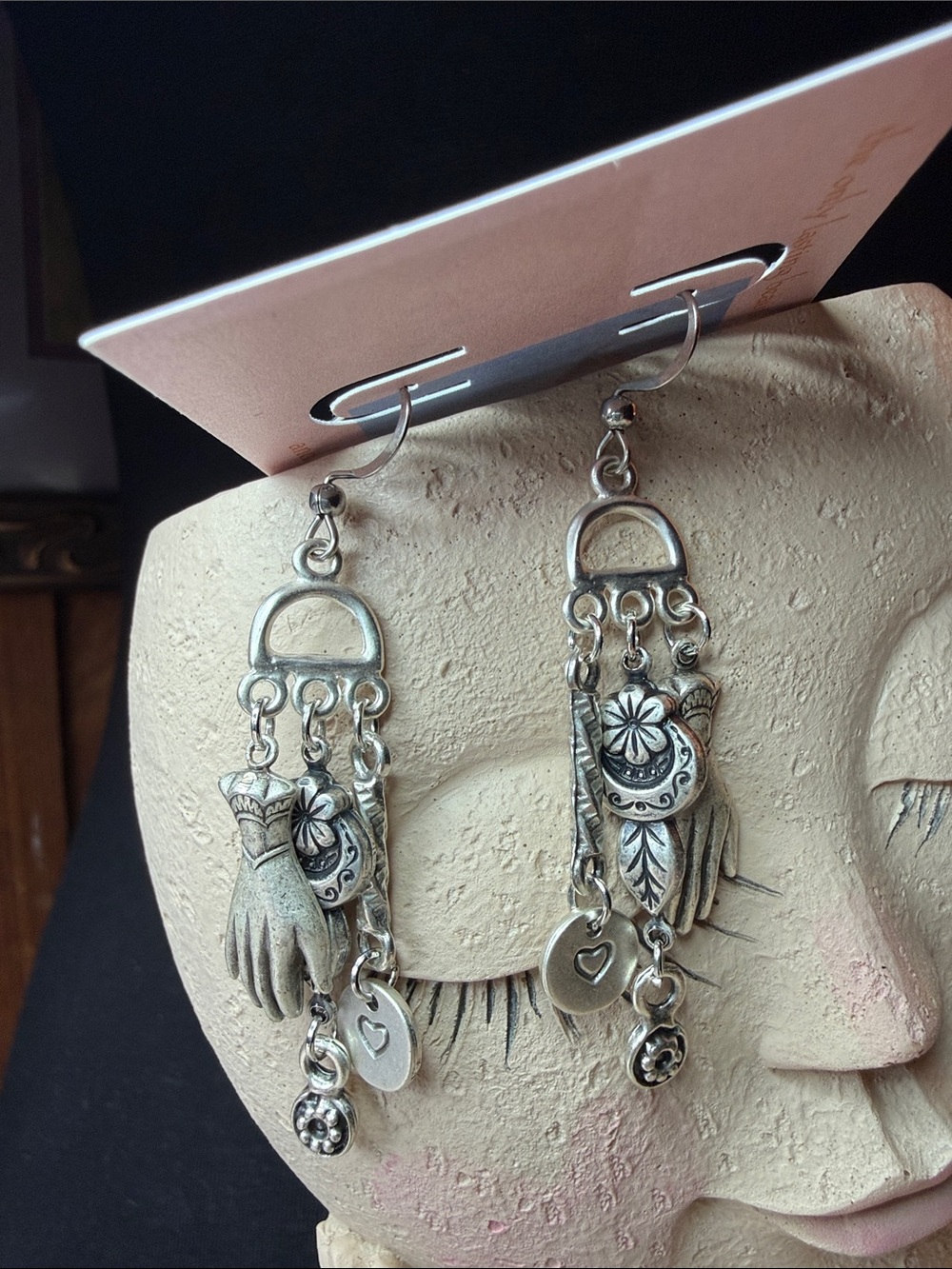 Silver Boho Hand and Charm Dangle Earrings